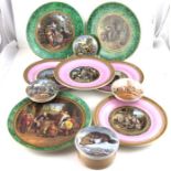 A large collection of Prattware including pot lids and plates