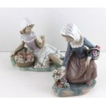 2 Large Lladro figurines of girls with baskets of flowers. Girl with headscarf 20cms tall. Girl with