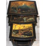 A nest of 3 Waring & Gillow Ltd black Chinoiserie side tables with Chinese scenes.