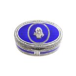 A fine continental enamelled silver snuff box, of oval form, having white bordered Royal blue