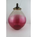 Large pink bulbous crackle glass lamp base. 40cms high. The base has been riveted.