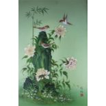 Two Chinese oil paintings: "Birds among tree blossoms" and "Birds among flowers", a pair, 20th