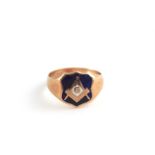 A 9ct. gold Masonic signet ring, shield having square and compass and letter "G" to enamelled blue