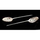 Two George III mote spoons, pierced bowls, circa 1770, marks indistinct, 0.53 ozt (16.