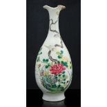 A Chinese famille rose vase, baluster teardrop form, 19th Century, two birds on a prunus stem,