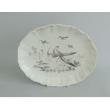 A Chaffers Liverpool oval dish, monochrome printed with exotic birds, circa 1762, 21.