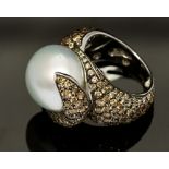 A cultured pearl and cinnamon diamond set 18ct white gold designer ring by Andreoli,
