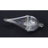 An 18th century glass bird feeder, conical, teardrop form with triangular opening to one side,