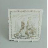 A Liverpool monochrome delft tile, printed after Sadler with a lady and gent in a garden,