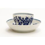 A Worcester transfer blue and white tea bowl and saucer, crescent mark,