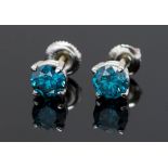 A pair of blue diamond solitaire studs, set in 18ct gold four claw mounts,
