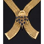 A sapphire and 14ct yellow gold mesh flat link necklace, with spray detail to the front,