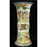 A large Cantonese vase, 20th century, Gu form, decorated with landscape panels and figures,