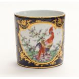 A Derby type patch mark beaker, cobalt blue with gilt cartouches and exotic birds,