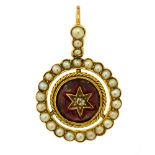 A Victorian garnet diamond and pearl pendant, having cabachon garnet,