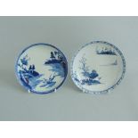 Two Chaffers Liverpool blue and white saucers, one painted with 'Two Men on an Island' pattern,