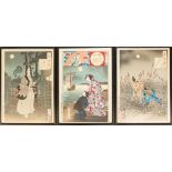 Collection of three Japanese ukiyo-e colour woodblock prints depicting warriors and geishas in