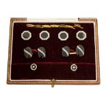 A French Art Deco gentleman's dress set, black onyx and diamond complete set comprising, cufflinks,