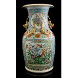A Cantonese famille verte vase, three lizards raised decoration to the neck,