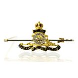 A diamond and enamelled military insignia bar brooch, in 9ct yellow gold, with platinum bar front,