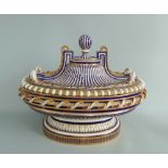 A large Minton tureen, cover and stand, cobalt blue ground with elaborate banding and gilding,