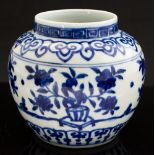 A Ming blue and white porcelain jar, Jiajing period, painted with stylised flowers,