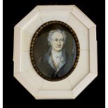 An oval portrait miniature of Geothe, early 20th Century, indistinctly signed, in an ivory frame,