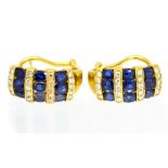 A pair of 18ct yellow gold sapphire and diamonds half hoop earrings,