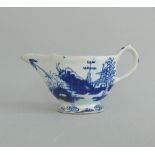 A Bow small blue and white sauce boat, painted with 'The Desirable Residence' pattern, circa 1760,