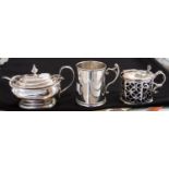 A Victorian shaped circular silver mustard pot and hinged cover, pierced sides on wavy foot,