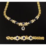 A sapphire and diamond cluster necklace and bracelet ensuite, 18ct gold,