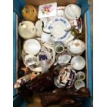 A box of assorted ceramics, including Royal Crown Derby 'Derby Posies', Coalport 'Revelry',