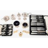 Assorted EPNS with a cased set of mother of pearl handled dessert knives and forks and cased set of