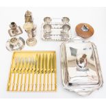 A quantity of silver plated ware to include an entree dish and cover, an egg cruet, a specimen vase,