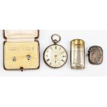 A silver pocket watch, small silver vesta case,