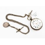 A Swiss silver pocket watch on chain with Edward VII silver shilling fob,