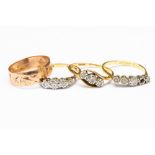 A group of four rings, comprising three 18ct gold and diamond half eternity rings,