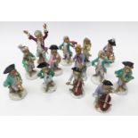 A collection of thirteen Dresden Meissen style Monkey Band figures,
