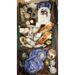 Three boxes of Staffordshire figures, dogs, blue and white, plated ware,