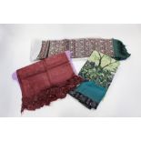 Two silk Egyptian scarves, green with silver thread, burgundy with gold thread,