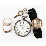 A 9ct rose gold pearl and diamond set ring, another ring, continental pocket watch,