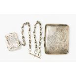 A Victorian silver vesta case on watch chain, Birmingham 1901 and a chased silver cigarette case, 3.