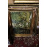 Three oil paintings, including woodland scene by W. Richards, still life oil by M.