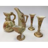 Five items of Victorian Royal Worcester Blush ivory, to include a ewer, a pair of candle sticks,