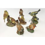 Five Royal Worcester bird models, comprising Blue Tits 3375, Yellow Hammers 1377, Robin 3197,