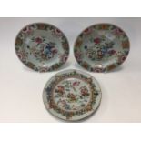 Three, circa 18th Century Chinese famille rose plates, all have hairline cracks,