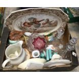 A large 'Wild Turkey' meat plate; together with decanters and ceramics to include Wedgwood, Honiton,