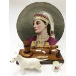 Masonic gavel, Beswick Bull Terrier, plate picturing a lady,