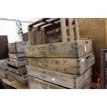 A large quantity of assorted wooden crates, bread trays, vegetable trays, five Martell boxes,