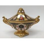 A Royal Crown Derby Imari 1128 twin handled pedestal oval bowl and cover (seconds)